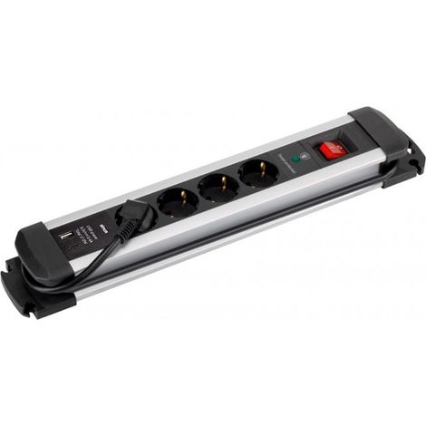 Base múltiple, 4 tomas, schuko 2p+t, 2 usb a+c, 16a 250v,1,5 m cable, c/interruptor y prot.sobretensiones, aluminio