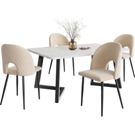 Table 117×68cm rectangulaire, chaises beige velours motif diamant (1/5)