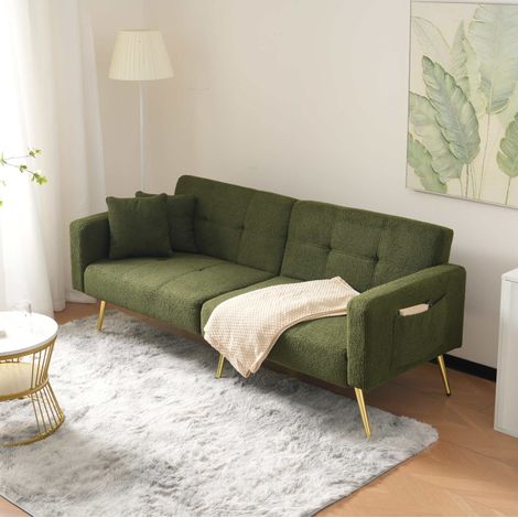 Canapé convertible 175x64x72 cm vert antique en tissu bouclé avec dossier réglable et poches latérales (1/5)