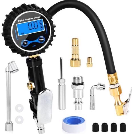 Gonfleur de pneu manomètre manomètre gonfleur de pression d'air gonfleur de pneu à air comprimé gonfleur de pneu numérique 200 PSI manomètre calibré haute précision pour voiture moto vélo (1/4)