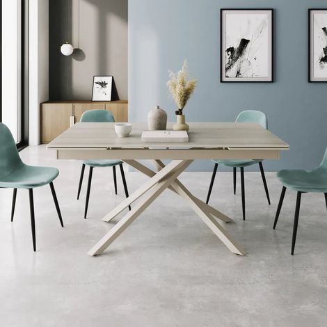 Tavolo allungabile 160 240x90cm top in ceramica effetto travertino e gambe in acciaio beige Helmi (1/4)