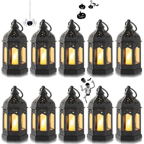 Mini Lanterne LED Exterieur - Lot de 10 Lanterne Bougie Noir Decorative Bougeoir pour Halloween, Ramadan, Mariage, Noel, Decoratio (1/3)