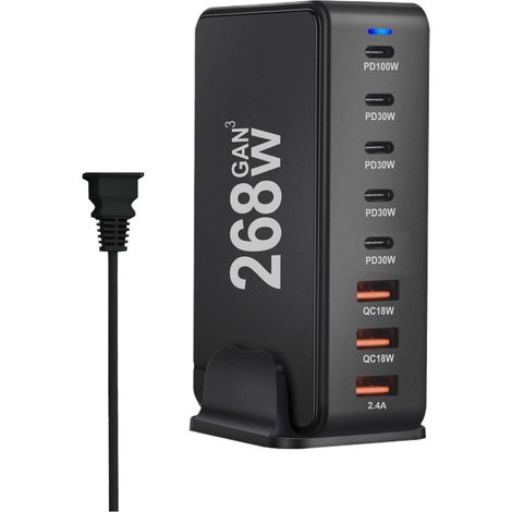Chargeur De Bureau 268W, 8 Ports USB PD, Charge Rapide 3.0 USB Type C, Chargeur Rapide for Téléphone Portable Sécurité Rapide (1/5)