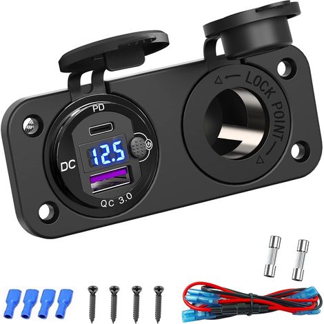 Prise USB d'allumeur de cigarette 12 volts: PD 20W C et QC3.0 Port de voiture Prise en aluminium métallique 12V, panneau de chargeur 150W avec interrupteur d'alimentation Voltmetre LED