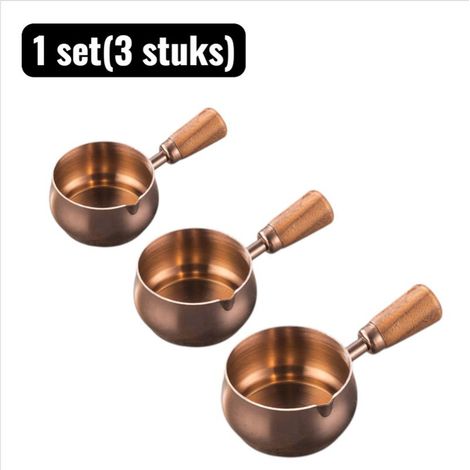 Set of 3 stainless steel 304 bowls and dishes with wooden handles for steaks, salads and sauces, rose gold (1/5)