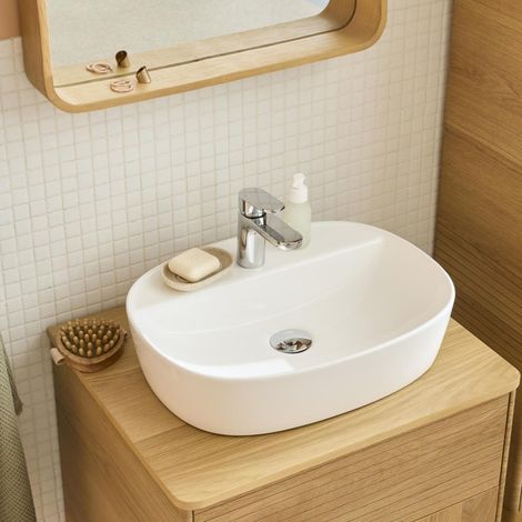 Mob-In – Vasque à poser ovale en céramique blanche 50x38cm – Plage de robinetterie intégrée – Hauteur 12cm pour confort d'utilisation (1/5)