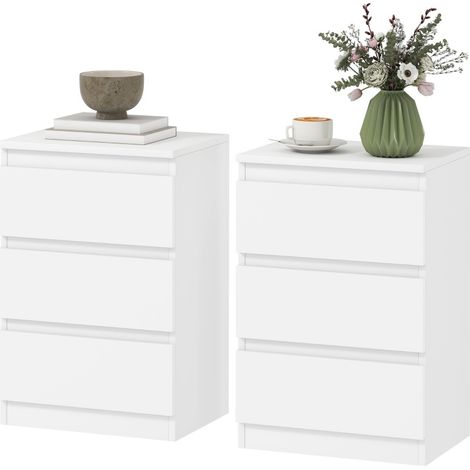Lote de 2 mesitas de noche blancas sin tiradores con 3 cajones, MDF, 40 x 30 x 59,5 cm (1/5)