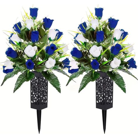 Lot de 2 Bouquets fleurs artificielles, soie plastique résistant UV eau, vase piquet 7cm, décoration cimetière tombe (1/5)