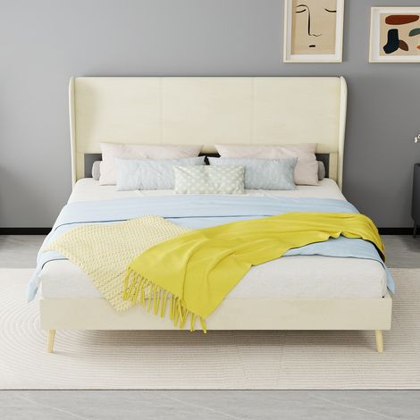 Cama tapizada de tela beige 160x200 cm con cabecero acolchado, estructura metálica, sin colchón