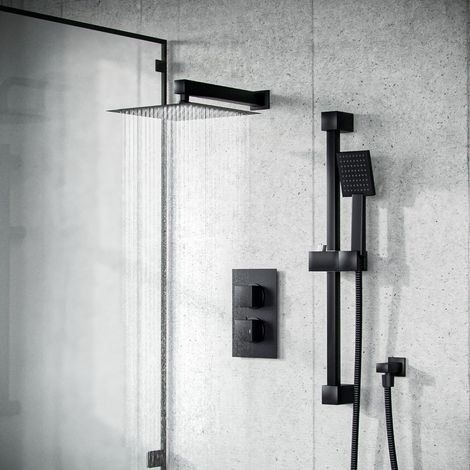 Voilet 2 Dial 2 Outlet Square Concealed Thermostatic Mixer Valve, Shower Head, Slider Rail & Handset Matte Black (1/5)