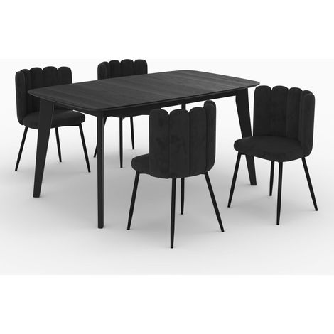 Mesa y sillas para 4 personas Oman de terciopelo y madera negra