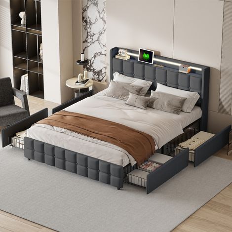 Lit 160 x 200cm, lit adulte 160x200 avec 4 tiroirs, avec port USB et LED, lit capitonné, avec tête de lit, cadre de lit, lin, Gris (1/5)