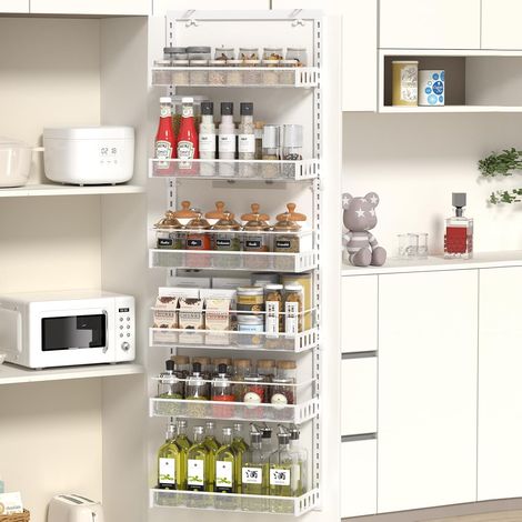 Range Epices Cuisine, Porte Epices Cuisine Réglable à 6 Niveaux Au-dessus de la Porte, Garde-manger avec Crochet pour Etagère à Epices, Porte-épices en Métal pour Epices, 127,5 43,5 cm, Blanc (1/5)