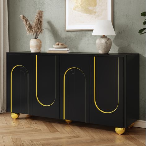 Vitrine 4 portes 140x40x74 cm avec décor arche doré, rangement à étagères, pieds métal, MDF noir (1/5)
