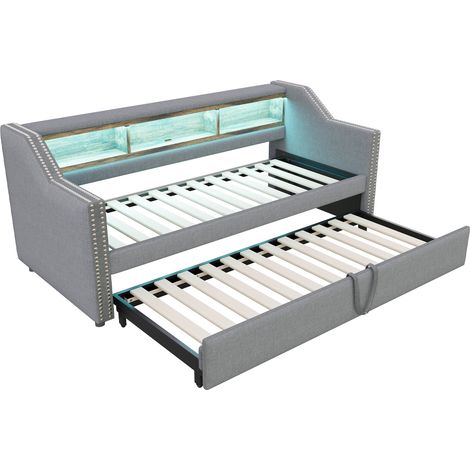 Sofá cama convertible 90/180 x 190 cm gris claro con almacenaje, LED, USB y somier (1/5)