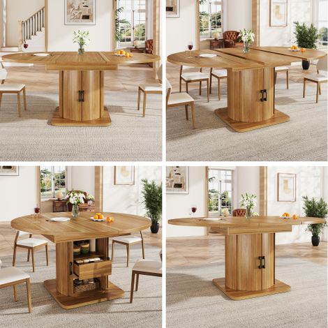 Table à manger ronde extensible transformable ovale 118 à 158 cm plateau MDF épais piètement colonne avec rangement fermé capacité 6 convives aspect bois noyer design multifonctionnel (1/5)