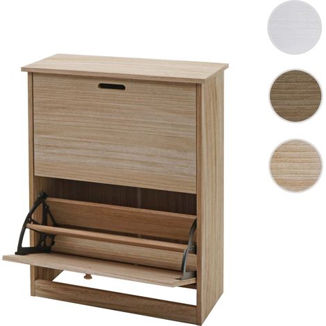 Boite à chaussures HWC-K45 - armoire à chaussures - 81x60x25cm 2 abattants - MDF en paulownia certifié MVG - gris-brun (1/5)