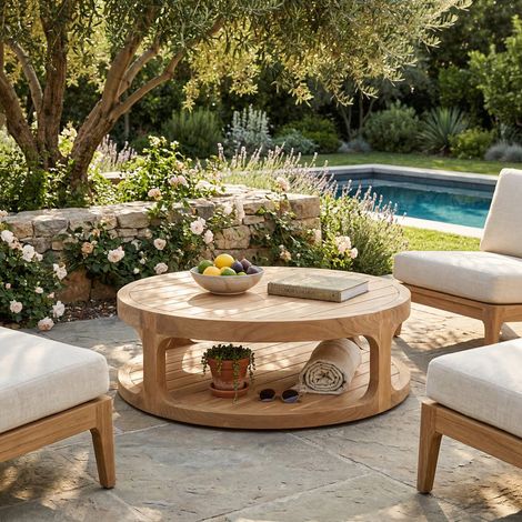 Naturel Runder Garten-Couchtisch aus massivem Teakholz, 120x120x35 cm, zwei Tischplatten (NATOFTB120120R)