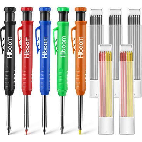 Lot de 5 crayons de charpentier automatiques (crayons de chantier) + 30 mines fines — Outils d'électricien