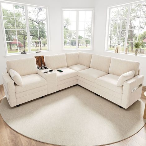 Canapé d’angle 5 places nuage avec console, beige, ports USB, porte-gobelets, rangement central réversible, canapé (1/5)