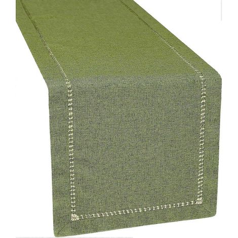 Chemin de table champêtre à double bordure ondulée, vert olive uni (35,5 x 122 cm) (1/5)