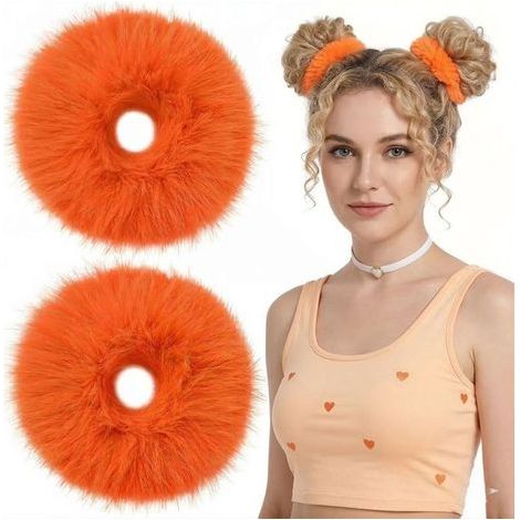 Orangefarbene Plüsch-Haargummis – 2er-Set – Orange – Haaraccessoires zum Königstag – Weiche Kunstfell-Haargummis (1/5)