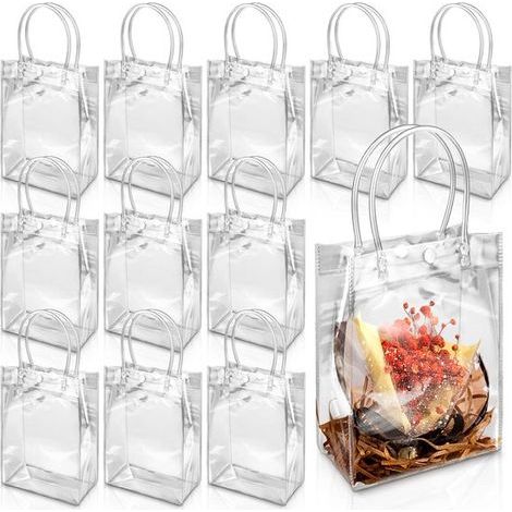 Lot de 12 sacs cadeaux en PVC transparent avec poignées, 13 x 16 x 7 cm, réutilisables, pour cadeaux, mariages, anniversaires, fêtes, Halloween, boutiques et friandises (1/5)