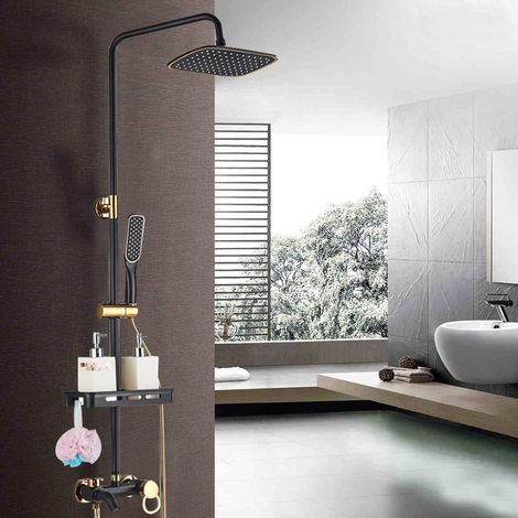 Juego de ducha de latón para pared, ducha de mano, color negro y dorado, ducha con lluvia, ducha de mano, estante, columna de ducha, ducha para bañeras