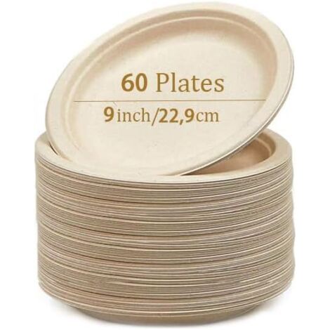 Lot de 60 assiettes jetables en carton 22,8cm – 100% biodégradables – Fibre fraîche sans revêtement – Recyclables et écologiques (1/4)