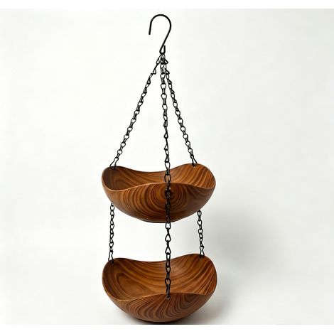 Abreuvoir Oiseaux à Suspendre,Bain Oiseaux Exterieur, en Bois,Style Vintage AVCE Chaîne Robuste pour aux Jardins, Balcons Terrasses Décoratif Abreuvoirs (2ps Bois Peu Profond) (1/4)