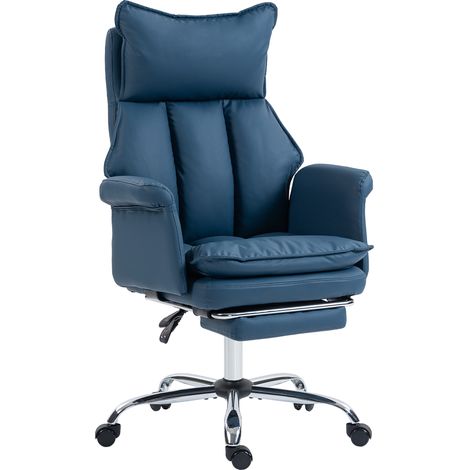 Fauteuil de bureau cuir synthétique bleu avec repose-pieds dossier inclinable rembourré roulettes