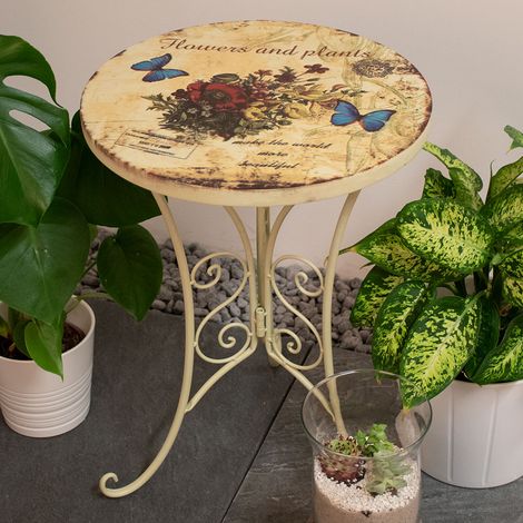 Decorazione tavolo bistrot lato giardino mobili da esterno aspetto shabby fiori farfalla