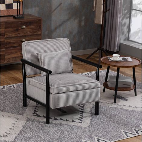 Sillón auxiliar de terciopelo gris claro con cojín lumbar, estructura de madera HAVRYA (1/5)