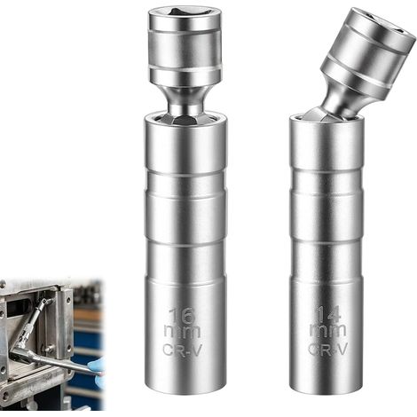 2 Pièces Cle a Bougie 14mm 16mm, Douille Bougie Magnétique Universelle Paroi Mince 12 Pans 3/8" Pouces CR V Rotation à 360° Outil de Démontage de Bougies Outils de Retrait pour Automobile (1/5)