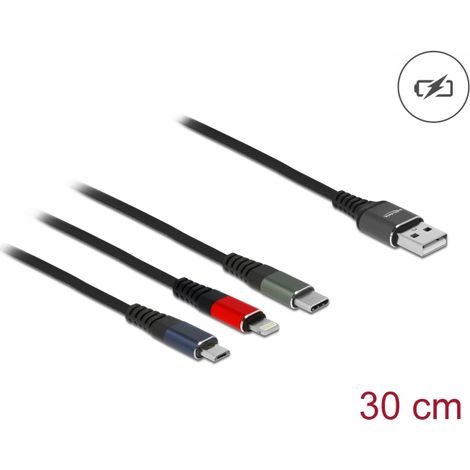 Delock Cable de carga USB 3 en 1 para Lightningâ¢ / Micro USB / USB Type-Câ¢ 30 cm