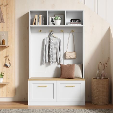 Guardaroba multifunzionale per ingresso - 105x40x180 cm - con panca contenitore, 2 ante e 4 ganci - Moderno - Naturale e bianco (1/5)