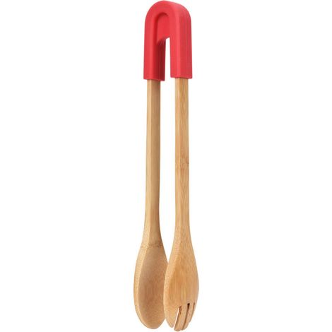 Pince de cuisine en bambou avec embout en silicone pour grillades, salades et pain (rouge) lot de 1 (FMY) (1/5)