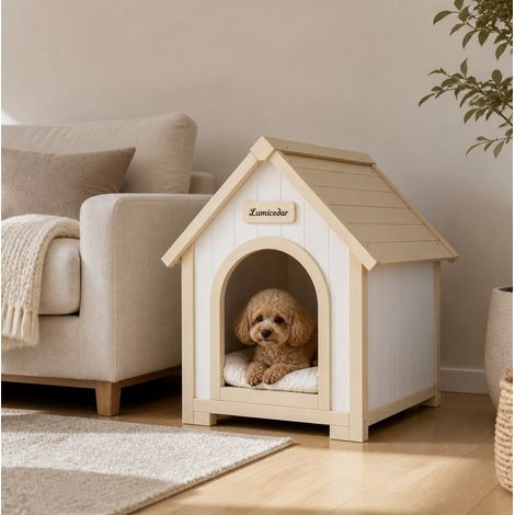 Cuccia da interno in legno per cani, 60 x 55 x 70 cm, colore crema, con cuscino rimovibile OKMYHOME (1/5)