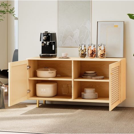 REDOM - Credenza 120x40x63 cm, 2 ante in rattan intrecciato, ripiano interno, gambe in metallo, MDF color naturale (1/5)