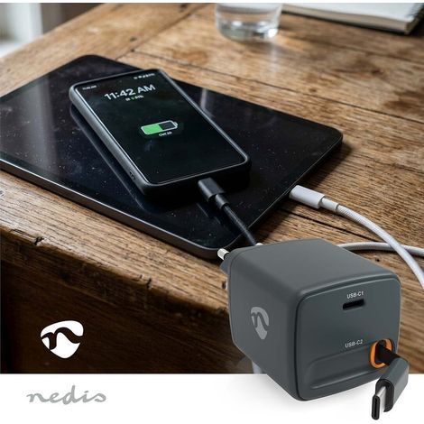 Nedis Netzladegerät / 30 W / Mit einziehbarem Kabel / GaN / PD3.0 30W / 1.5 / 2.0 / 2.5 / 3.0 A / Anzahl der Ausgänge: 1 / USB-C™ / Aufrollbares USB-C™-Kabel / 0.75 m / Automatische Spannungswahl / Sc