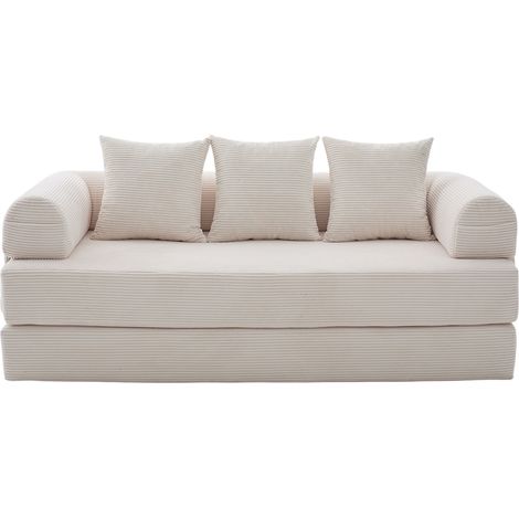 Canapé modulable beige 3 places en velours côtelé, structure en métal, 3 coussins et poches latérales, 200 x 94 x 67 cm (1/5)