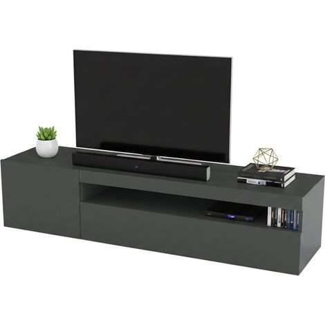 Dmora Mobile da soggiorno Porta TV, Made in Italy, Supporto per TV a 2 ante, Porta TV da salotto, cm 150x40h37, colore Antracite lucido, con luce LED blu, con imballo rinforzato