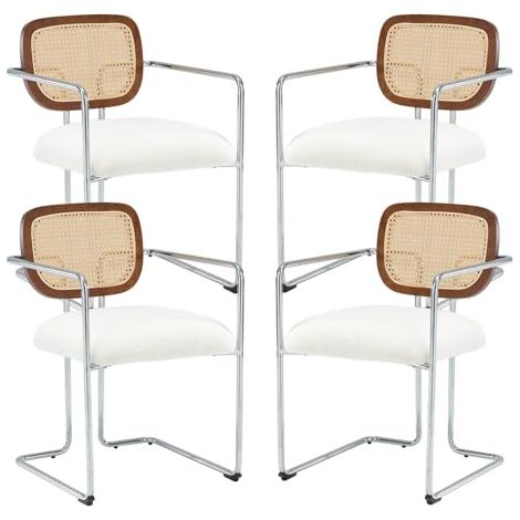 Wahson Lot de 4 Chaises en Fausse Fourrure, Chaises de Salle à Manger Moderne Chaise de Cuisine avec Dossier Osier, Pied Métal, Blanc (1/5)