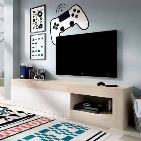 Dmora - Dadl Meuble TV, Buffet bas pour salon, Buffet de salon pour télévision, 204x42h48 cm, Chêne et Blanc (1/5)