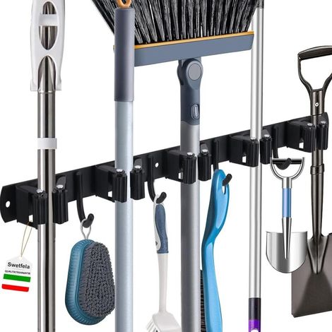 Stainless Steel Wall Broom Hanger, Wall Broom Holder 5 Holders and 4 Hooks, Wall Broom Holder Without Drilling, Broom Hanger for Kitchen, Cupboard, Bathroom, Garage, Garden (Black) (1/5)