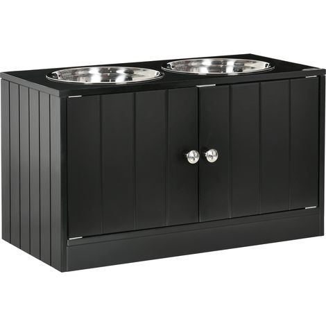 Erhöhter Hundenapf mit 2 Edelstahlnäpfen, schwarzer Holzschrank mit Stauraum (1/5)