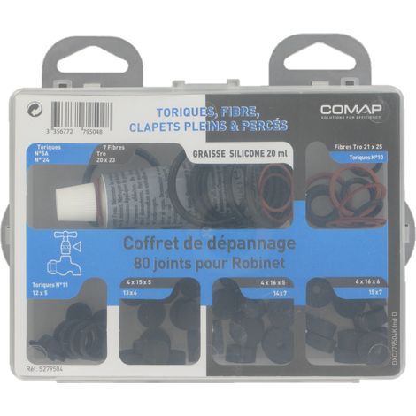 Comap – Coffret de 80 joints toriques en fibre pour robinets – Assortiment clapets pleins et percés – Graisse silicone incluse – S279504