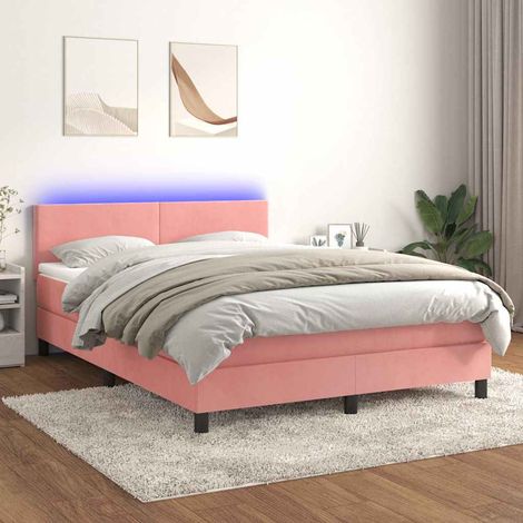 Cama box spring colchón y LED terciopelo rosa 140x200 cm (1/5)