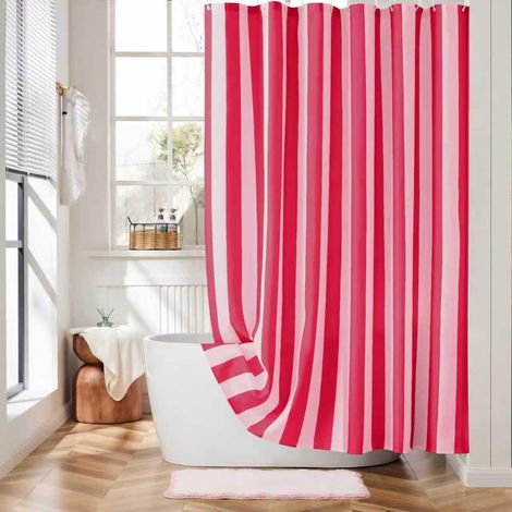 Rideau De Douche - 1 Pièce - Polyester - Imperméable - Rayures Verticales - Salle De Bain - 183 x 183 Cm - Rose Double (1/5)