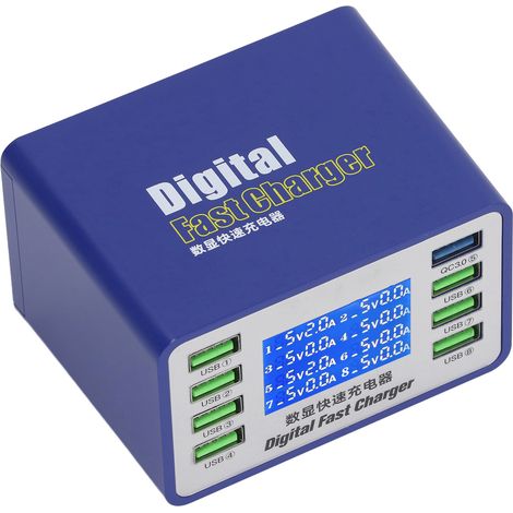 USB-Ladegerät mit PWM-Leistungschip, automatischer Erkennungstechnologie, 8 Anschlüssen, QC3.0 USB-A, Digitalanzeige, 50 W (1/5)